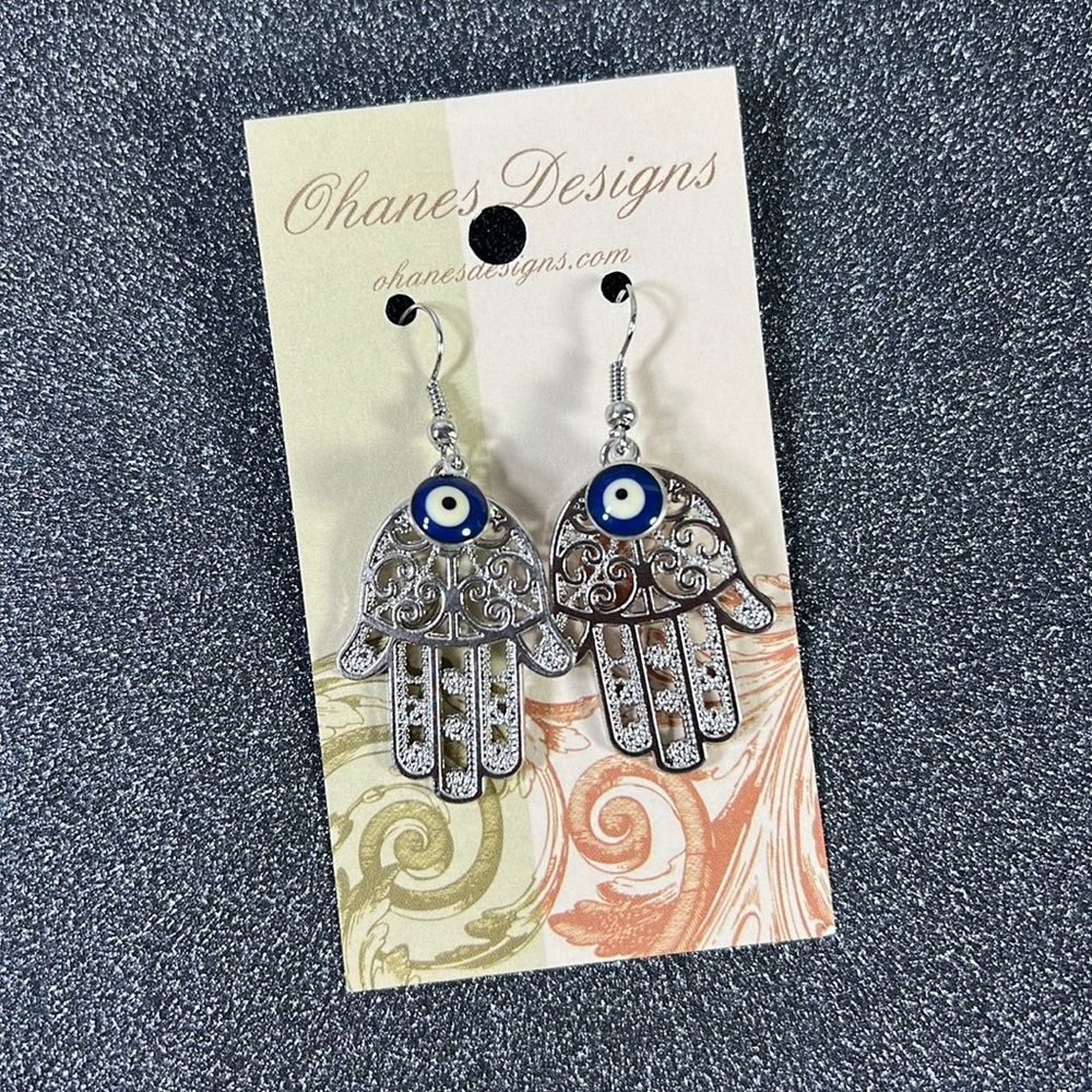 Evil Eye Hamsa Hand Dangle with Fish Hook Earrings
